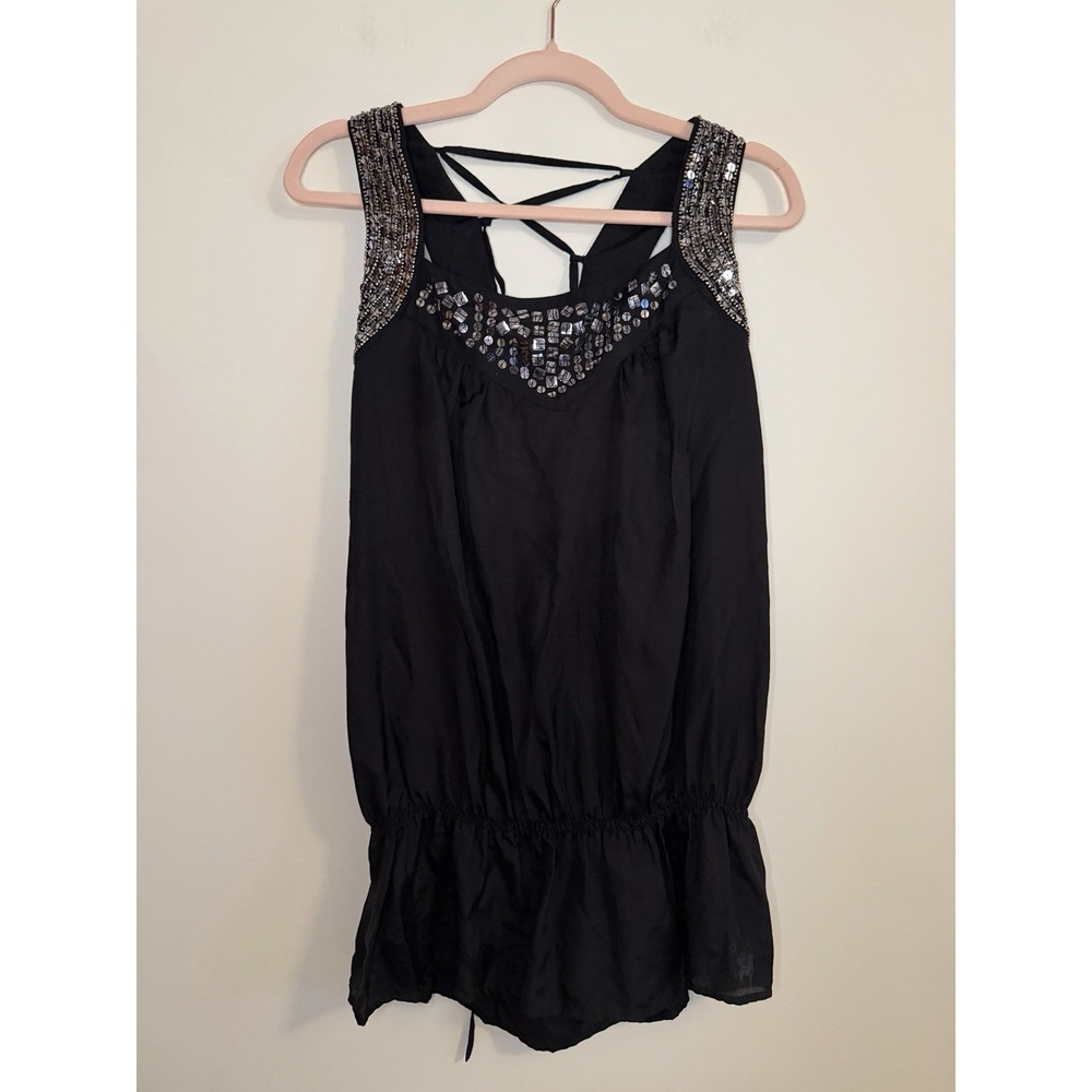 Vintage Guess Black Silk Blend Beaded Top Bubble Hem Cami Blouse Medium